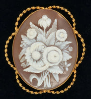 10k Gold Genuine Natural Shell Cameo Brooch Pin of a Bouquet of Flowers (#J6692)