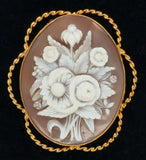 10k Gold Genuine Natural Shell Cameo Brooch Pin of a Bouquet of Flowers (#J6692)