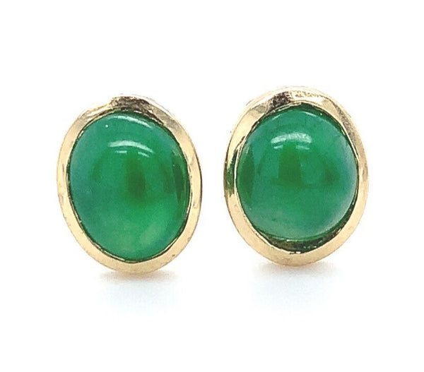 18k Yellow Gold A Grade Jadeite Jade Stud Earrings Bezel Set Jewelry (#J6684)