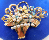 14k Yellow Gold Stick Pin Collection Flower Basket Brooch (#J644)