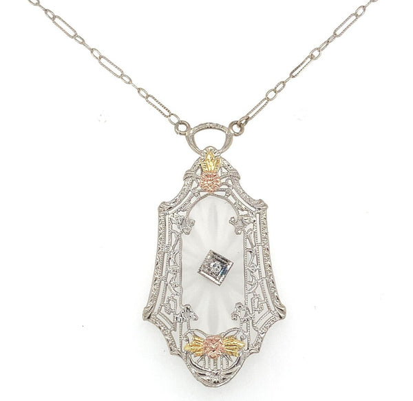 10k Gold Filigree Genuine Natural Rock Crystal Quartz Diamond Pendant (#J6655)