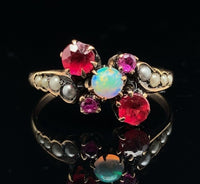 10k Gold Opal, Synthetic Lab-Created Ruby/Paste, and Pearl Victorian Ring #J6290