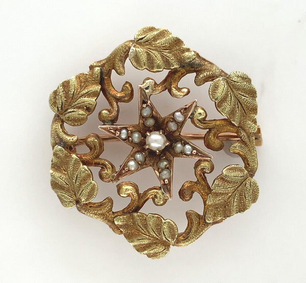 10k Yellow Gold Victorian Seed Pearl Starburst Flower Pin Jewelry (#J6274)