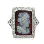 18k White Gold Filigree Genuine Natural Hard Stone Agate Cameo Ring (#J6215)