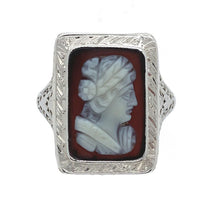 18k White Gold Filigree Genuine Natural Hard Stone Agate Cameo Ring (#J6215)