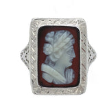 18k White Gold Filigree Genuine Natural Hard Stone Agate Cameo Ring (#J6215)