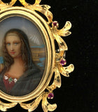 18k Yellow Gold Hand Painted Portrait Pin Mona Lisa (#J5379)