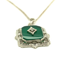 10k Gold Art Deco Genuine Natural Green Onyx Diamond Filigree Pendant (#J5315)