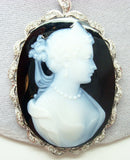 18k White Gold Genuine Natural Agate Stone Cameo Diamond Pendant (#J2463)