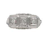 14k White Gold Three-Stone Genuine Natural Diamond Filigree Ring (#J6820)
