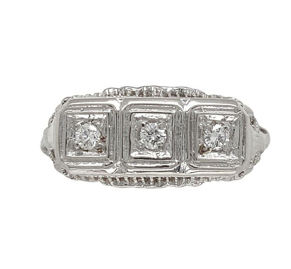 14k White Gold Three-Stone Genuine Natural Diamond Filigree Ring (#J6820)