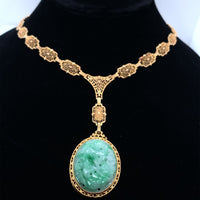 14k Yellow Gold Art Deco Filigree Jadeite Jade Necklace w/ GIA Report (#J5664)