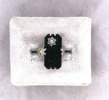 14k White Gold Art Deco Genuine Natural Black Onyx Ring w/Carved Flower (#J5413)