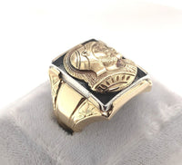 10k Yellow Gold Men's Double Warrior Gold Cameo Ring Black Enamel (#J6181)