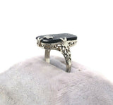 14k White Gold Art Deco Genuine Natural Black Onyx Ring w/Carved Flower (#J5413)