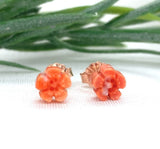 14k Rose Gold Carved Genuine Natural Coral Flower Stud Earrings (#J7350)