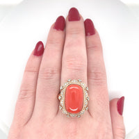 18k Gold 17.65ct Genuine Natural Ox Blood Coral Ring with .54ct Diamonds #J6179