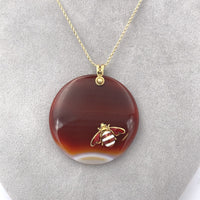 14k Yellow Gold Enamel Bee on Large Genuine Natural Agate Disk Pendant (#J6232)