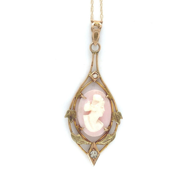10k Yellow Gold Shell Cameo Pendant with Applied Green Gold Leaves (#J6439)