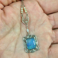 10k White Gold Art Deco Filigree 2.91 Carat Black Opal Pendant (#J5321)