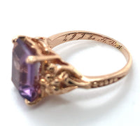 14k Rose Gold Emerald Cut Genuine Natural Amethyst Ring w/ Flowers Size 5 #J6904