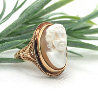 10k Gold Filigree Ring with 3-D High Relief Genuine Natural Shell Cameo (#J7272)