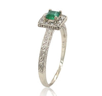 10k White Gold Genuine Natural Emerald Ring with Diamond Halo Size 6.5 (#J6808)
