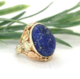 14k Yellow Gold Carved Scarab Genuine Natural Lapis Ring Handwrought  (#J7515)