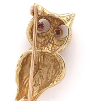 14k Yellow Gold Owl Pin with Genuine Natural Ruby Eyes 1" x 1/2" (#J6014)