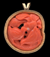 14k Yellow Gold Carved Birds Genuine Natural Coral Pin Brooch Pendant (#J7340)