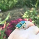 14k Gold Filigree Genuine Natural Green Onyx / Chrysoprase Diamond Ring (#J6213)