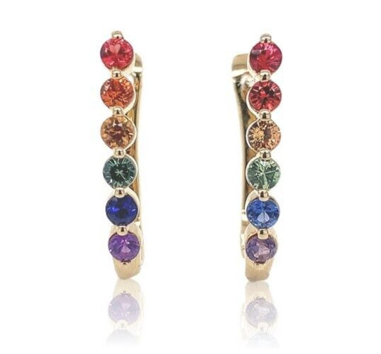 14k Yellow Gold Small Oval Hoop Genuine Natural Rainbow Sapphire Earrings #J6682