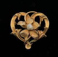 10k Yellow Gold Art Nouveau Watch Pin Flower with Pearl (#J5466)