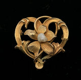 10k Yellow Gold Art Nouveau Watch Pin Flower with Pearl (#J5466)