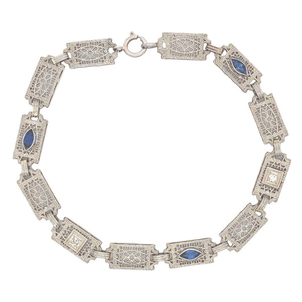 10k White Gold Art Deco Diamond Filigree Bracelet w/ Paste Stones 7.25" (#J6882)