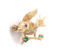 14k Yellow Gold Pin of Bird on a Branch with Genuine Natural Chalcedony (#J6013)