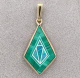 14k Yellow Gold Genuine Malachite Opal Turquoise Inlay Intarsia Pendant (#J7436)