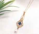 10k Yellow Gold Lavaliere with Pearl Drop and Blue Glass Accent w/Chain (#J7192)