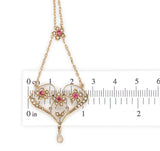 Victorian 14k Gold Heart Shaped Flower Lavaliere Necklace w/Pearls Stones #J7542