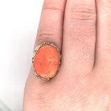 10k Yellow Gold Genuine Natural Coral Cameo Ring Arts and Crafts Leaves (#J6031)