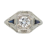 18k Gold Art Deco .41ct Diamond FIligree Lab-Created Sapphires GIA Report #J6749