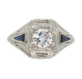 18k Gold Art Deco .41ct Diamond FIligree Lab-Created Sapphires GIA Report #J6749