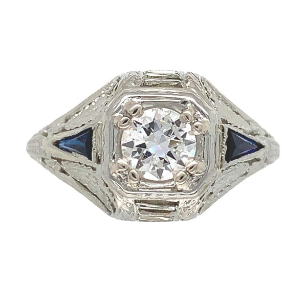 18k Gold Art Deco .41ct Diamond FIligree Lab-Created Sapphires GIA Report #J6749