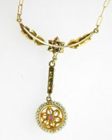 14k Gold Victorian Lavaliere Necklace Red Paste/Glass Stones Seed Pearls #J4514