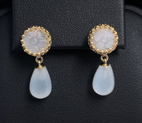 14k Yellow Gold Genuine Natural Moonstone Drop Earrings w/Carved Flowers #J5636