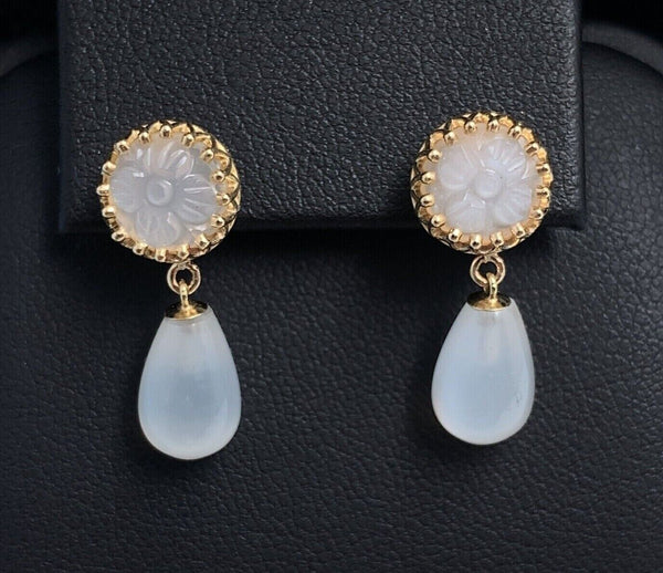 14k Yellow Gold Genuine Natural Moonstone Drop Earrings w/Carved Flowers #J5636