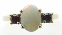 14k White Gold Genuine Natural Opal and Ruby Three Stone Ring (#J3863)