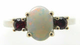 14k White Gold Genuine Natural Opal and Ruby Three Stone Ring (#J3863)
