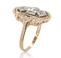 14k Yellow Gold Filigree Ring w/ Three Genuine Natural Diamonds Size 9.5  #J6624
