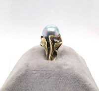 14k Yellow Gold Blue Akoya Pearl and Diamond Ring (#J5417)